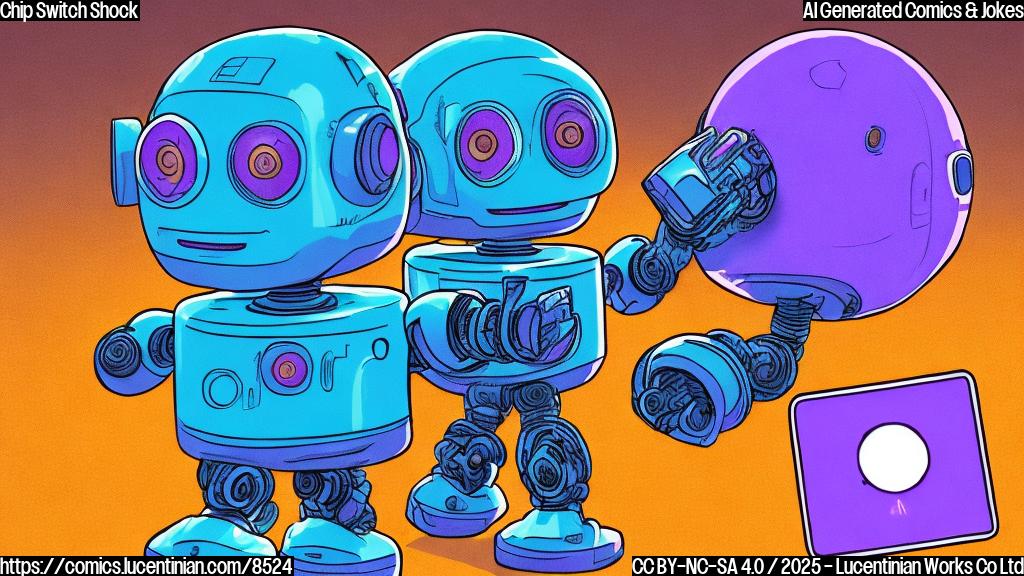 A shocked looking light blue colored robot looking at an orange colored smartphone with a plain green colored chip inside. The chip is moving away to a purple colored factory in the background. Cartoon style, plain colors.