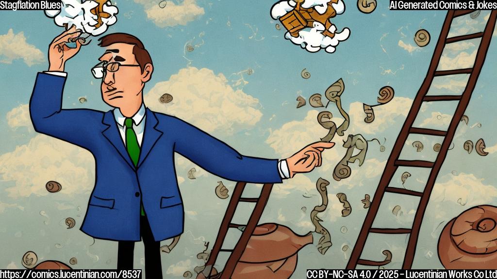 a plain color cartoon style picture of a bespectacled economist with a tie carrying a ladder, looking up at a cloud with a dollar sign and a snail racing each other.