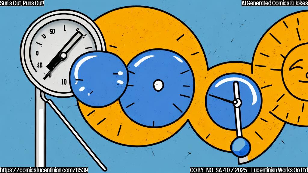 Plain color cartoon of a sad-looking thermometer with a crack in its glass, standing in front of a bright, smiling sun. The sun is slightly larger than the thermometer, emphasizing the temperature difference. Background is a simple light blue.