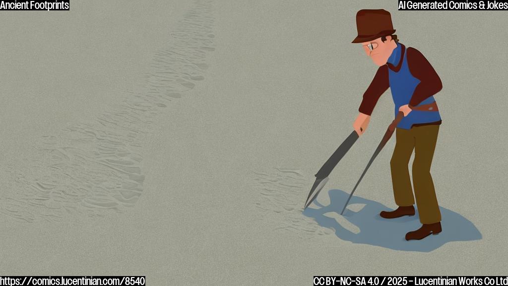 Cartoon illustration of a frustrated archaeologist with a trowel, looking at faint footprints in white sand. The footprints are glowing slightly, suggesting they are ancient and possibly ghostly. The background is a plain blue sky.