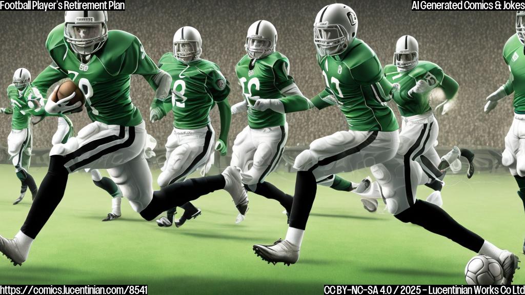 A cartoon style image of a football player in full gear, running towards a goalpost labeled "Retirement," but he's tripping just short of it. The background is a plain green color.