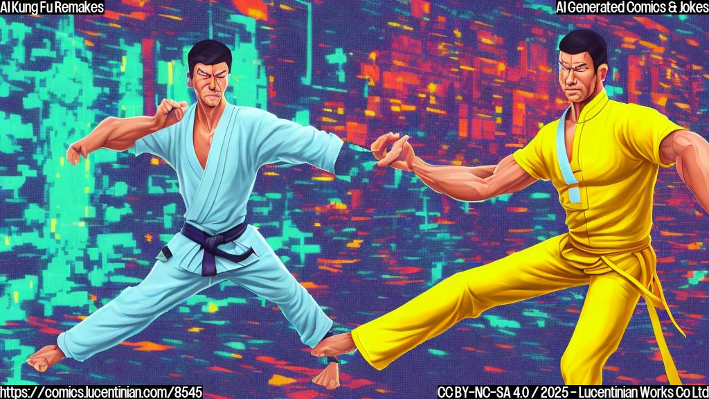 A cartoon drawing of a frowning muscular martial artist in a yellow jumpsuit standing in front of a pixelated, glitching movie screen. The screen displays fragmented images of various kung fu poses. The style is simple and uses plain colors.