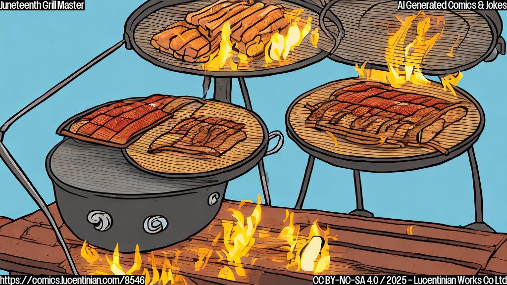 a plain color cartoon style picture of a barbecue grill with ribs on it. The ribs are wearing tiny graduation caps. The background is a solid light blue.