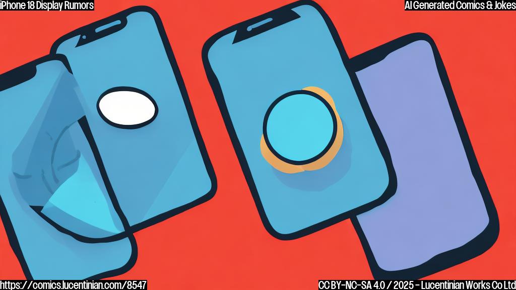 Cartoon illustration of a sad, rectangular smartphone with rounded corners and a pill-shaped cutout at the top of its screen, looking worried. Next to it is a smaller, confident-looking smartphone with a circular cutout. Plain light blue background.
