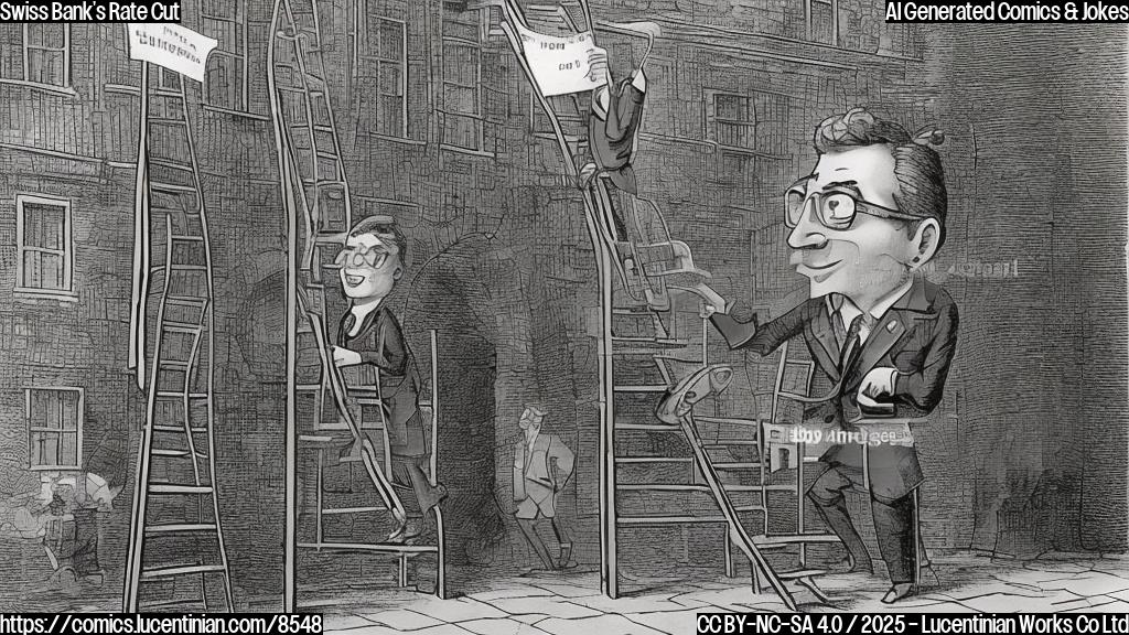 a plain color cartoon style picture of a smiling Swiss banker with glasses holding a comically oversized ladder in front of a building labeled "Swiss National Bank", with a speech bubble coming from the banker saying "Zero Percent!".
