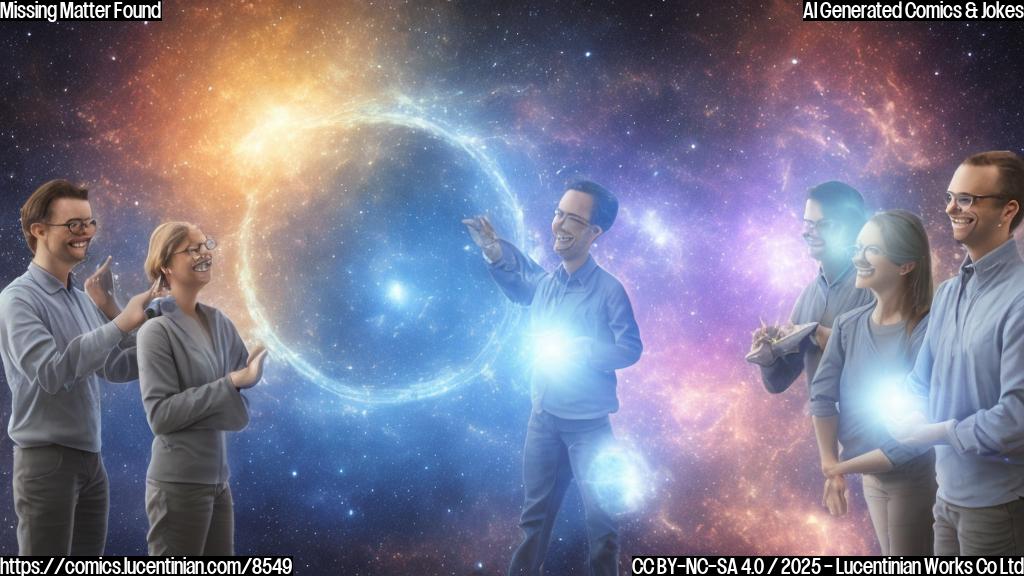Cartoon style image of a group of smiling astronomers looking at a computer screen displaying a large, glowing filament connecting four blurred galaxies. The filament is labeled "Missing Matter." The background is a plain, dark blue color.