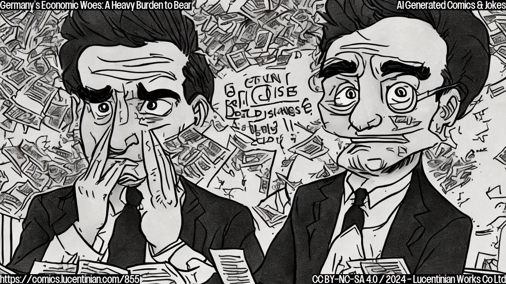 Draw a cartoon style image of a frustrated business owner sitting in a chair, with their hands on their head and a look of exhaustion. In the background, there is a large German flag with a question mark over it, symbolizing the uncertainty of the country's economic future. The business owner should be surrounded by charts, graphs, and other economic symbols, emphasizing their frustration with the state of the economy.