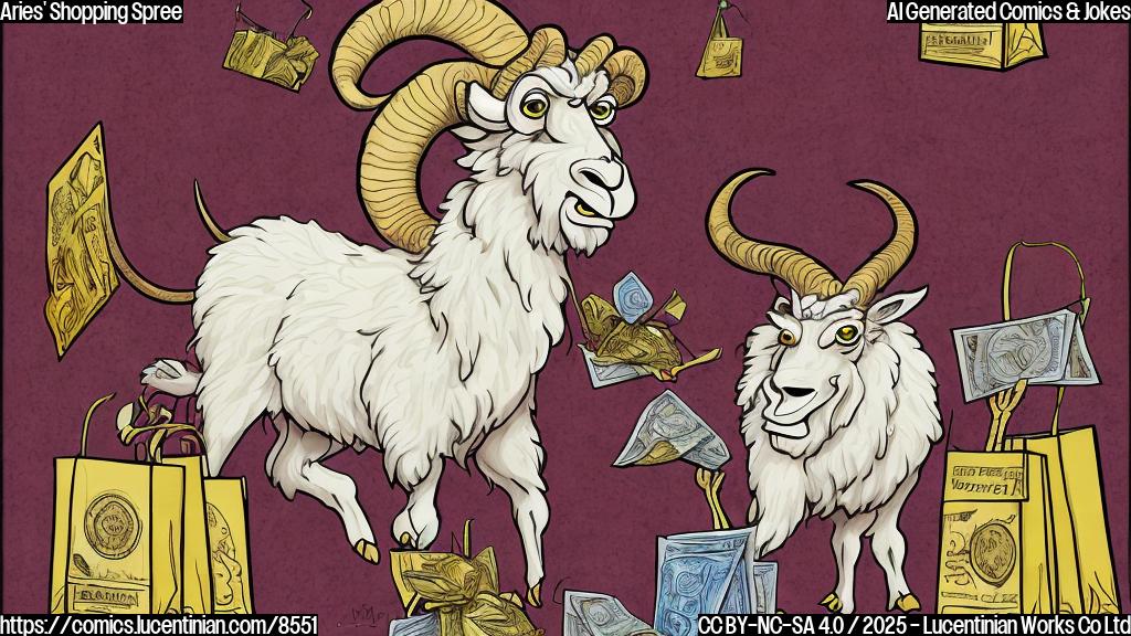 Cartoon image in a plain color style: A ram-like creature (Aries astrological sign) with big eyes and a slightly worried expression, standing in front of a store with overflowing shopping bags, money flying out of its pockets, on a plain colored background.