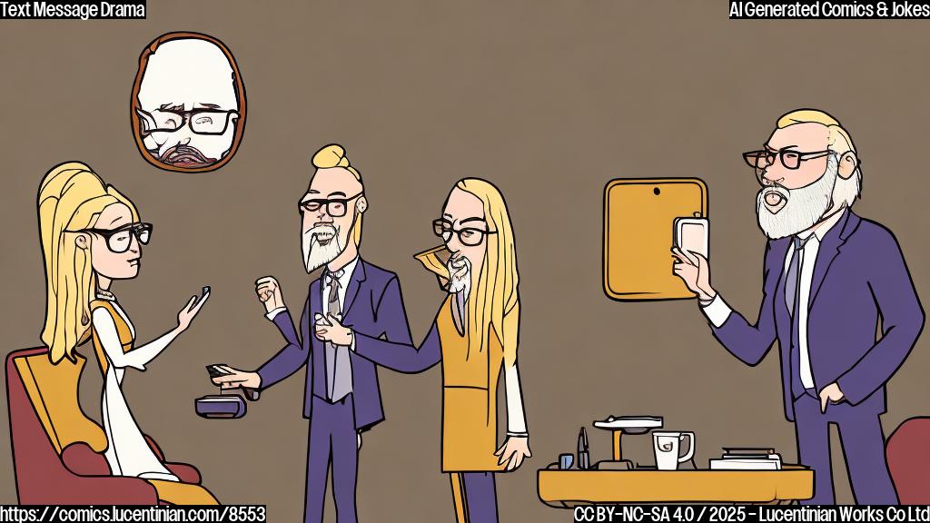 Cartoon style, plain background: An upset-looking actress with long blonde hair is handing a phone to a man with a beard and glasses. The actress is wearing a stylish dress, and the man is in a director's chair. A gavel is visible in the background. The background color is light yellow.