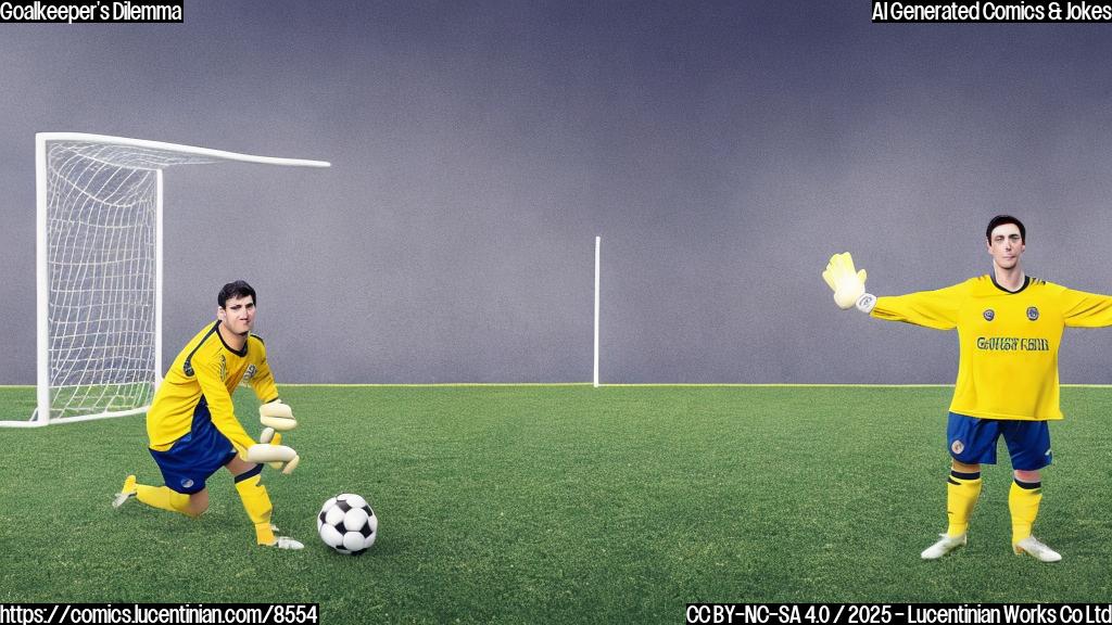 a plain color cartoon of a sad goalkeeper with yellow jersey and dark hair, standing in front of a goal post, with a soccer ball rolling into the net. The background is a simple blue.