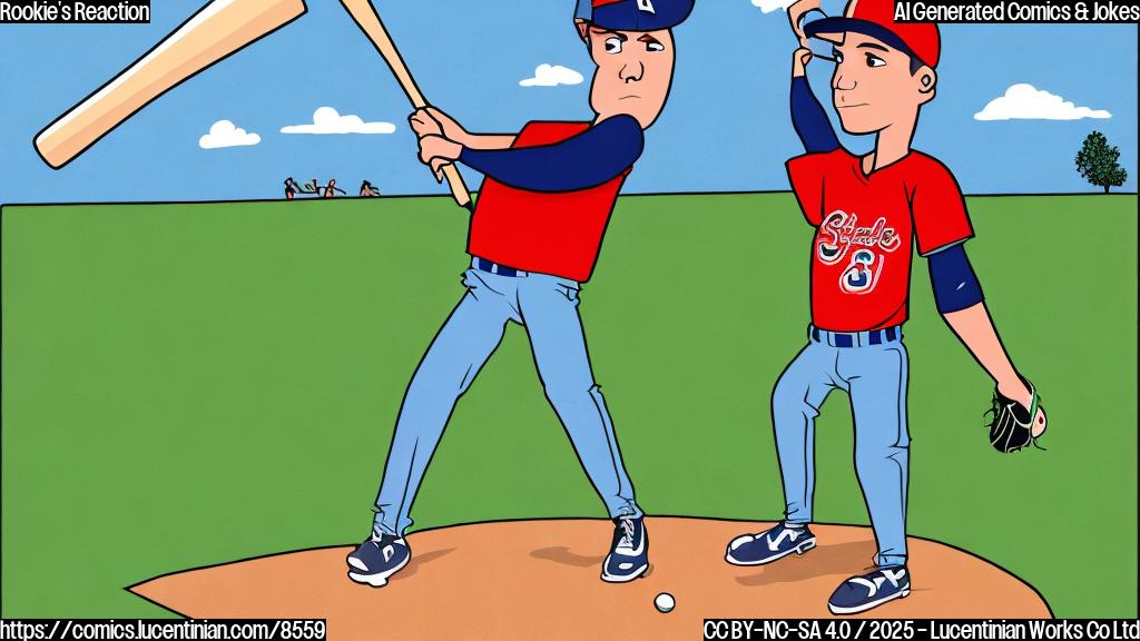 A plain color cartoon style picture of a baseball player with a shocked expression on his face. He's holding a bat and watching a baseball fly high into the distance. The background is a simple green field and a blue sky.