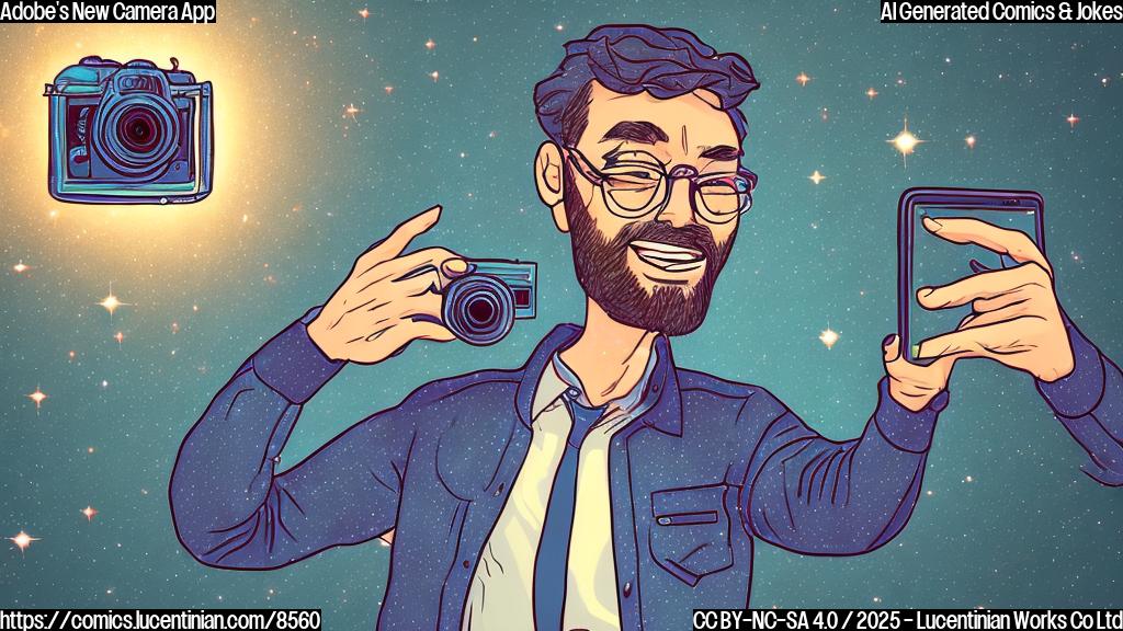 A light-hearted cartoon of a photographer looking exasperatedly at a smartphone with a camera lens. The phone is glowing with exaggerated processing effects like sparkles and enhanced colors. The background is a plain light blue.