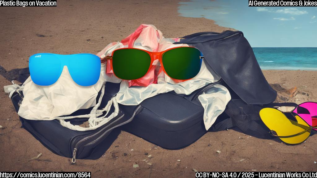 Plain color cartoon style picture of a sad-looking plastic bag wearing sunglasses and sitting on a suitcase. The background is a simple beach scene with very little trash.