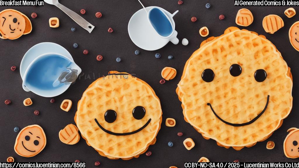 a cartoon pancake with a sad face talking to a smiling waffle on a breakfast plate, plain background, cartoon style