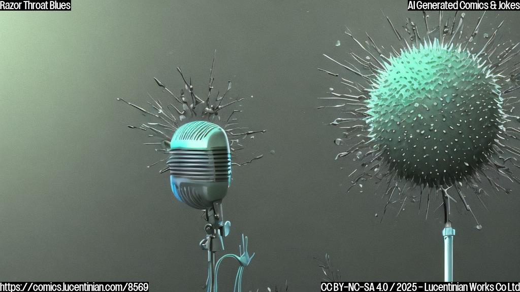 A pale green cartoon virus particle with a spiky crown holding a microphone and singing intensely, causing visible sound waves to ripple around it. The background is a simple light blue. The virus particle looks slightly distressed, but continues to sing with exaggerated enthusiasm.