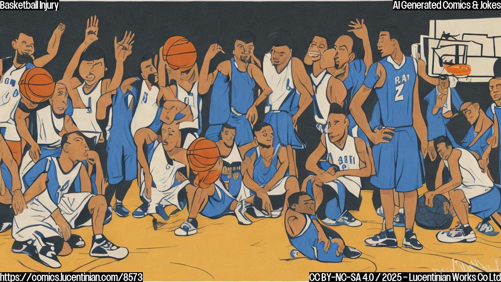 Plain color cartoon style image of a basketball team looking confused and dejected. A basketball with a bandage on it is lying on the floor. The coach is scratching his head.
