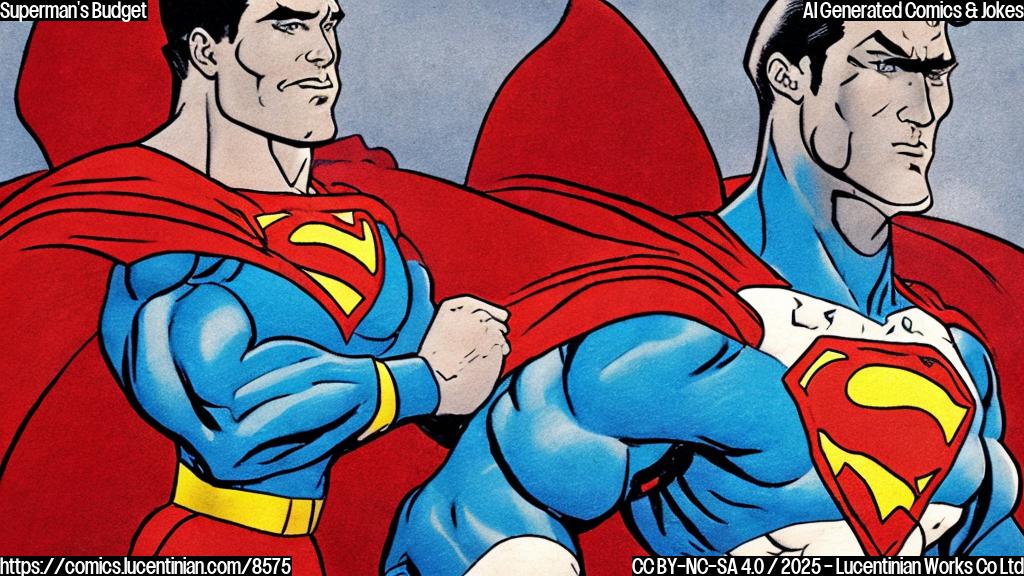 A simple, flat-color cartoon image. The background is a light blue. In the center, a stylized drawing of a muscular superhero with a red cape. The cape is disproportionately large and detailed, almost filling the frame. The superhero is holding a comically small paycheck.
