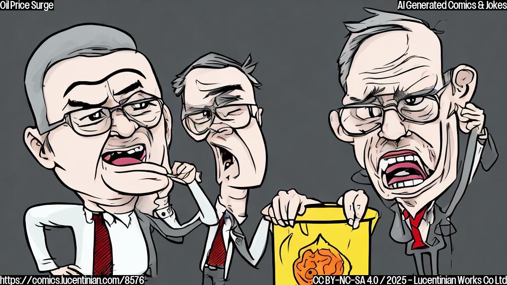 A cartoon style drawing of an upset economist with glasses standing next to an oil barrel with an angry face. The background is a graph showing rapidly fluctuating prices. The whole image use a plain color.