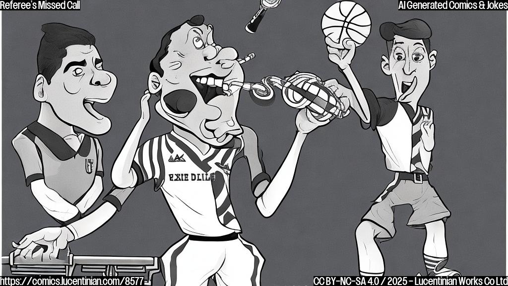 Cartoon image of a basketball referee with a surprised expression, holding a whistle in his mouth, with musical notes coming out, indicating he is "whistling Dixie." The background is a plain light blue color.
