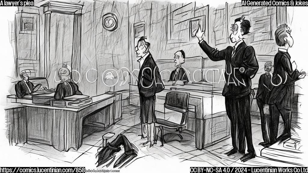 Draw a cartoon of a person in a suit with their hands tied behind their back, looking worried, standing in front of a judge's bench with a large paper with the words "Capital Mistake" written on it.