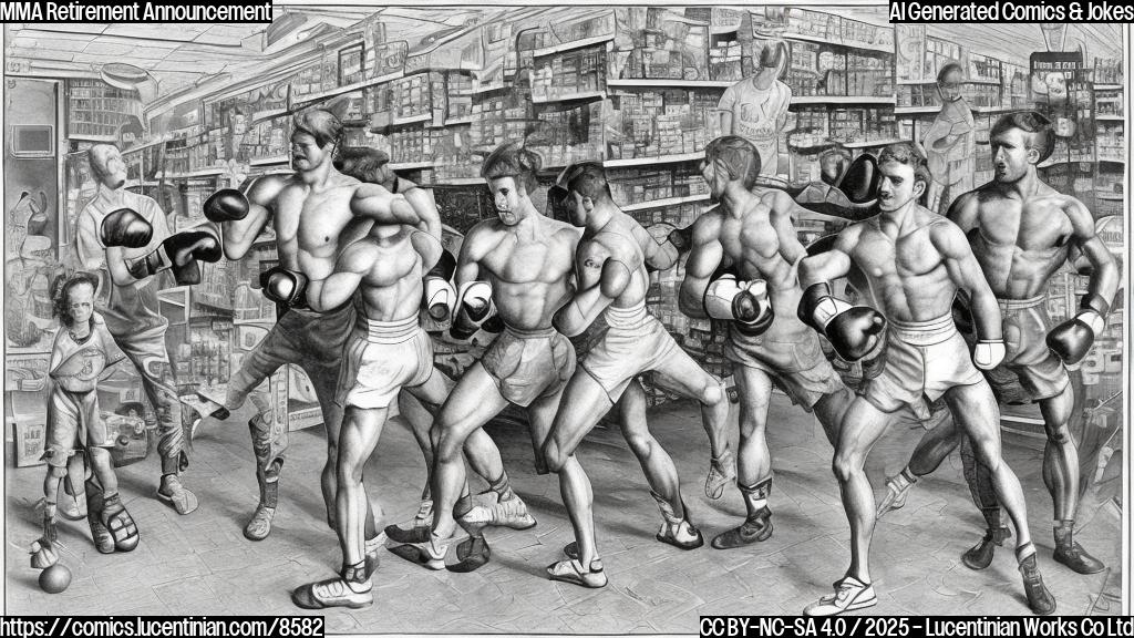 A cartoon of a muscular fighter in MMA gear, standing defeated in a grocery store aisle surrounded by various fruits and vegetables in boxing gloves, who are celebrating their victory. The style is plain color cartoon style.