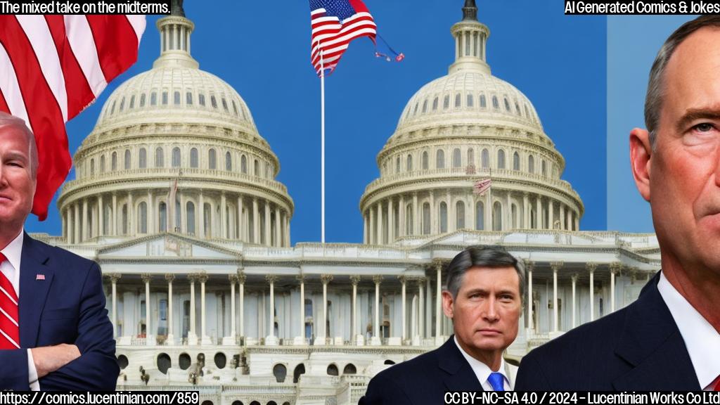 A confident Republican leader standing in front of a divided Congress, while a determined Democratic leader stands opposite them with an uncertain expression. The background is a blurred, split-screen image of the US Capitol building with a mix of Republican and Democratic flags waving above it.