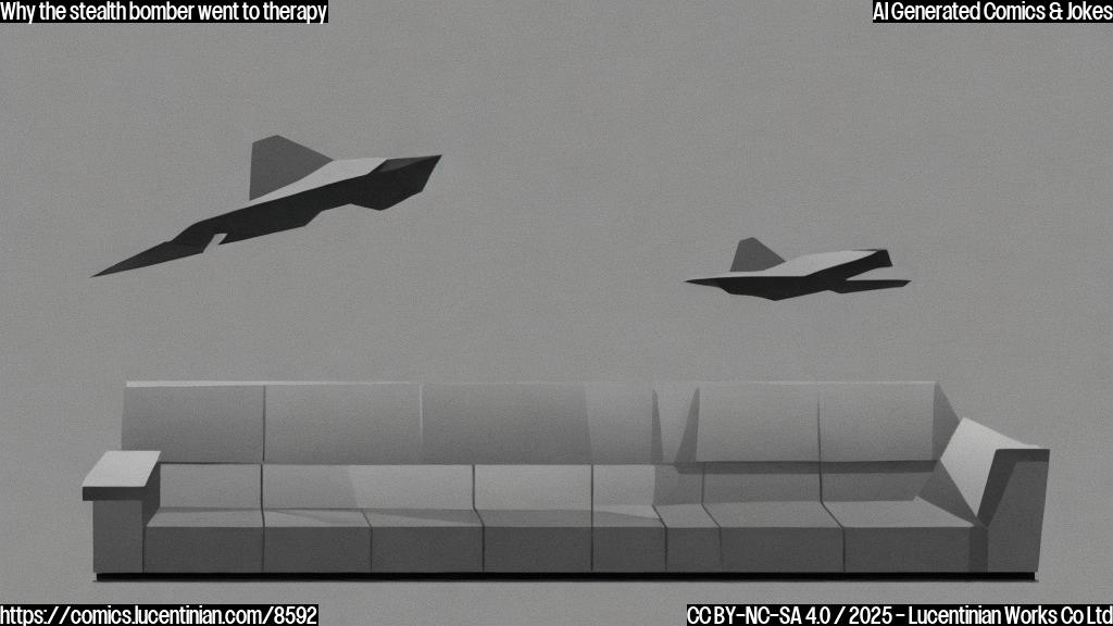 A cartoon drawing of a dark gray stealth bomber with sad eyes sitting on a therapist's couch. The therapist is a friendly-looking cloud with glasses and a notepad. The background is a light blue sky. Plain colors, cartoon style.