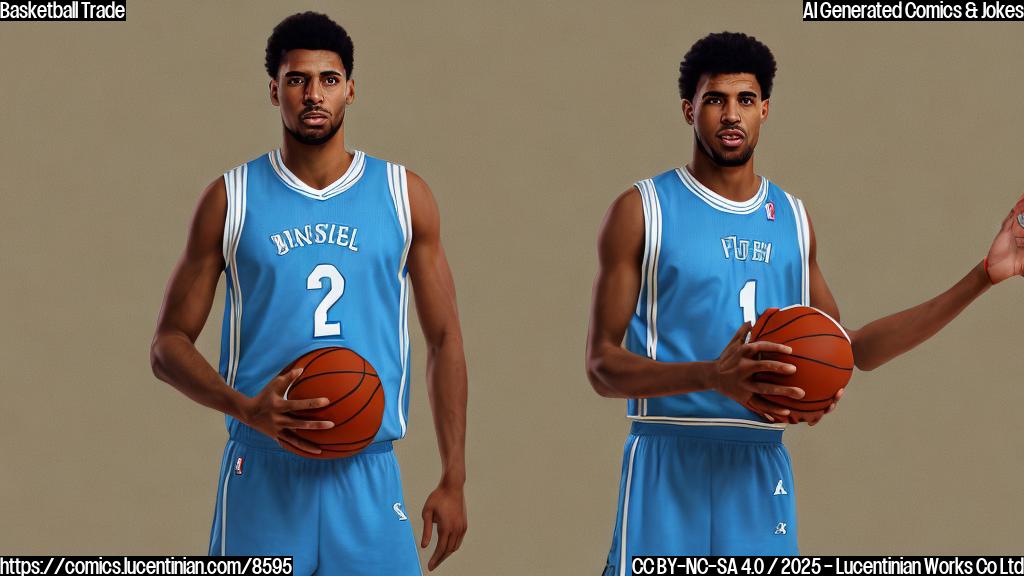 A plain light blue cartoon style image of a basketball player wearing a generic jersey, looking confused and holding a basketball. He is standing on a basketball court with arrows pointing in multiple directions around him.