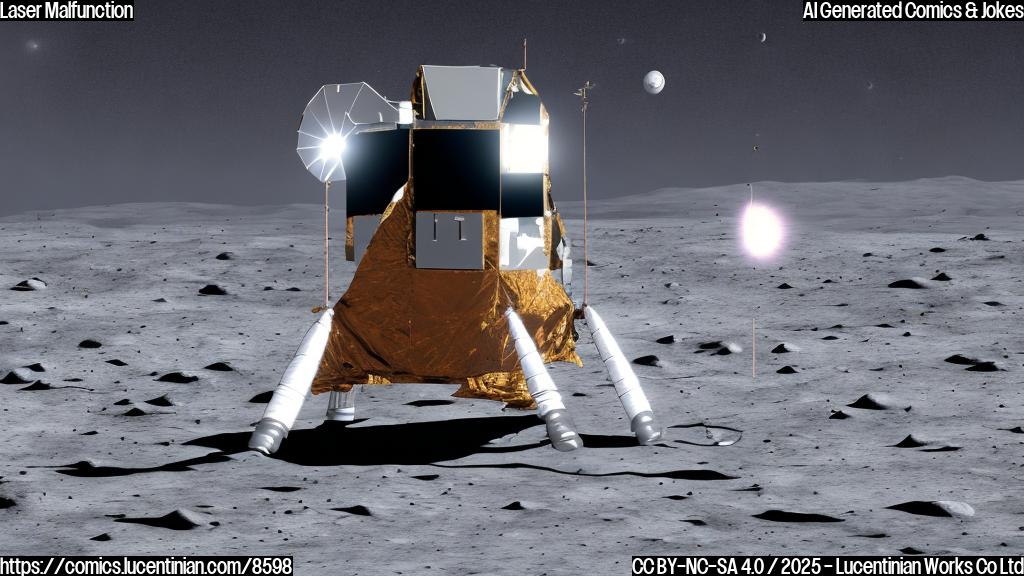A cartoon style lunar lander with a sad face looking at a malfunctioning laser beam pointing towards the moon. The moon has a crater. The colors are plain and simple.