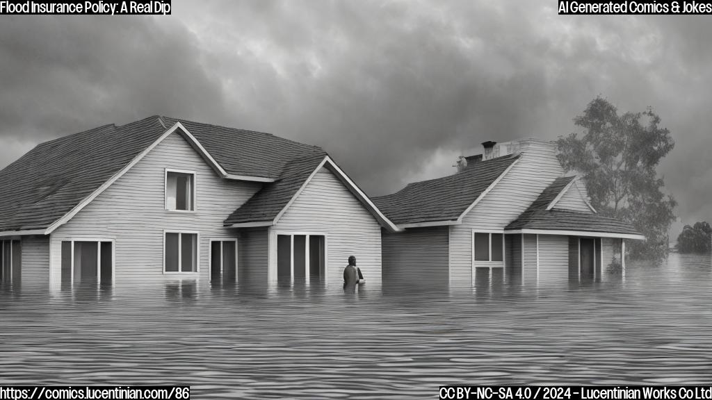 Draw a simple cartoon of a person (a middle-aged man with a grey haircut) holding a contract and standing next to a flooded house. The house has a big red "X" marked on the front door, and water is pooling around it. In the background, there's a cloudy sky with dark storm clouds and a hurricane warning sign. The person in the foreground should look frustrated or surprised, and have a hint of a smile on his face.