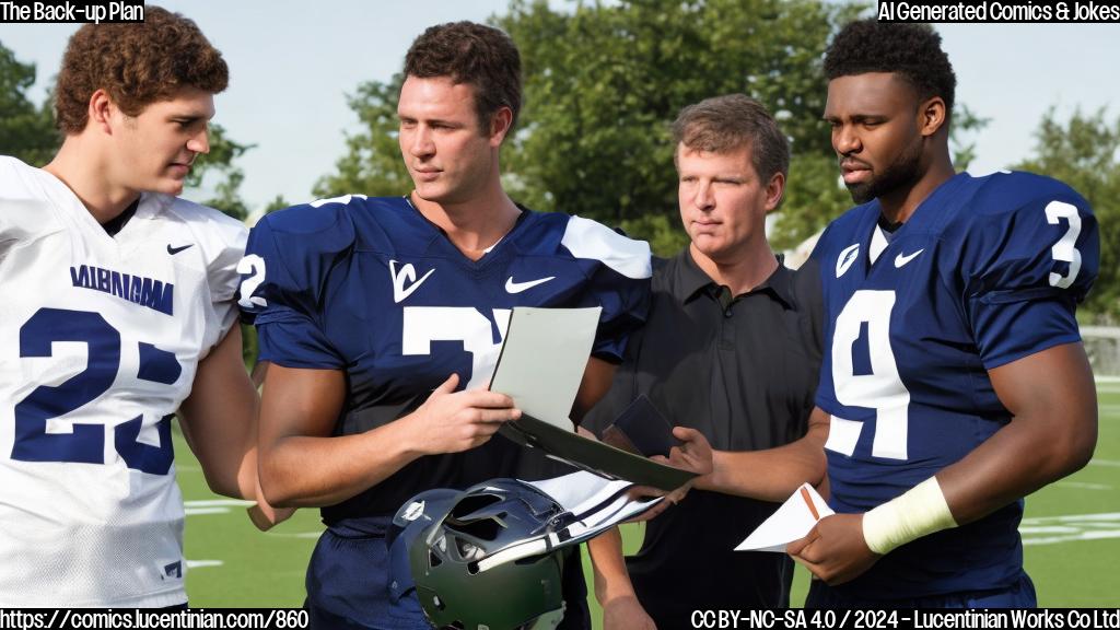 A football player with a helmet and jersey, wearing a sling on their shoulder, is standing in front of a coach who is holding a clipboard. The football player looks determined.