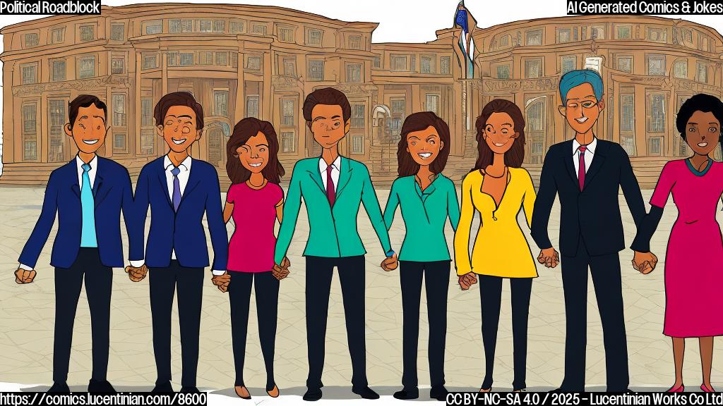 Cartoon style image of several generic, diverse-looking candidates holding hands, forming a human chain in front of a generic city hall building. One candidate looks nervously over their shoulder. The style is simple and uses plain colors.