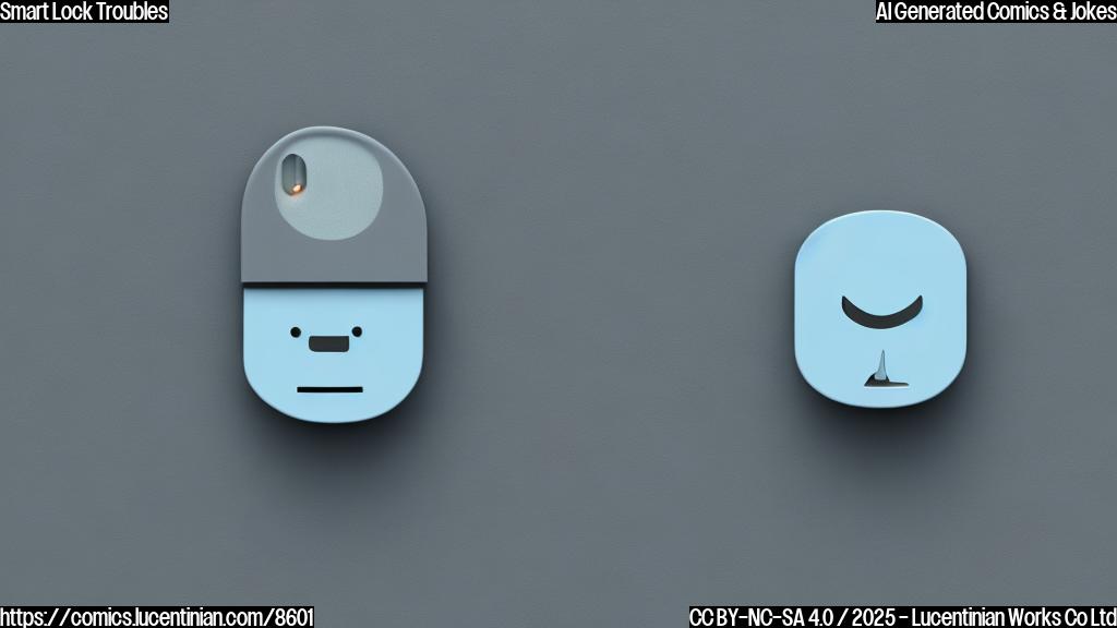 A sad looking light blue smart lock with a small screen showing a frowning face. The background is a plain light gray. The style is simple and cartoonish.