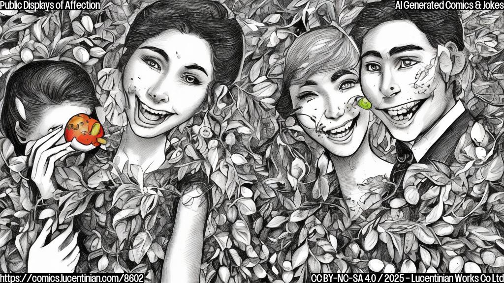 Draw a cartoon image of a red tomato with blushing cheeks, wearing a formal dress, standing awkwardly at a fundraising event. In the background, a green pepper and a yellow onion are kissing passionately. The style should be simple and brightly colored.