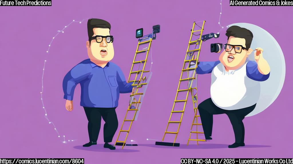 Cartoon of a confused tech analyst with a ladder standing in front of a giant, abstract smartphone shape. The analyst is a slightly overweight character with glasses and a bewildered expression. The smartphone shape is glowing with futuristic light. The background is a plain light purple color.