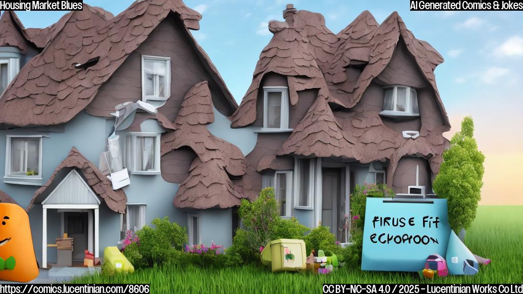 A sad-looking cartoon house with a frowning face and drooping windows. The house is colored in a drab gray. A report card with a big "F" written on it is floating beside the house. The background is a plain light blue.