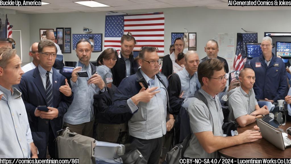 A group of worried-looking people in their 40s and 50s with briefcases and laptops, surrounded by American flags and inspirational quotes on the wall behind them. The leader has a concerned expression and is holding a smartphone with a stock market app open.