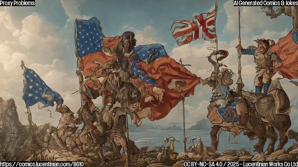 A cartoon of a large, imposing country hiding behind a much smaller, weaker country. The larger country is winking mischievously, while the smaller country looks nervous and unsure. The colors are plain and simple.