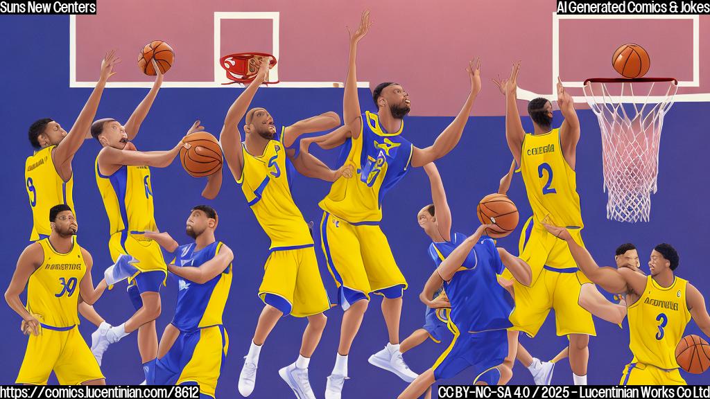 Cartoon style image. A basketball court with a basketball hoop. A basketball player wearing a yellow uniform trying to dribble through two very tall basketball players wearing purple uniforms. The tall players are standing side-by-side, blocking the smaller player's path. The background is a light blue.