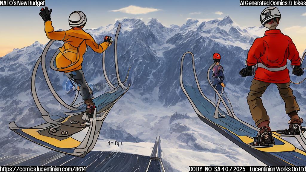 Cartoon image of a group of abstract figures, representing different nations, standing at the top of a ski jump ramp. One figure, slightly larger and wearing a helmet with a NATO logo, is pushing another figure off the ramp. The background shows a simplified mountain range with a stylized sun.