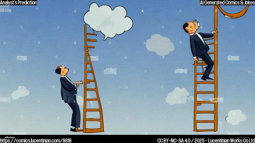 a plain color cartoon style picture of a businessman with a determined expression climbing a very tall ladder towards a floating speech bubble containing a stock chart pointing upwards. The background is a simple blue gradient.