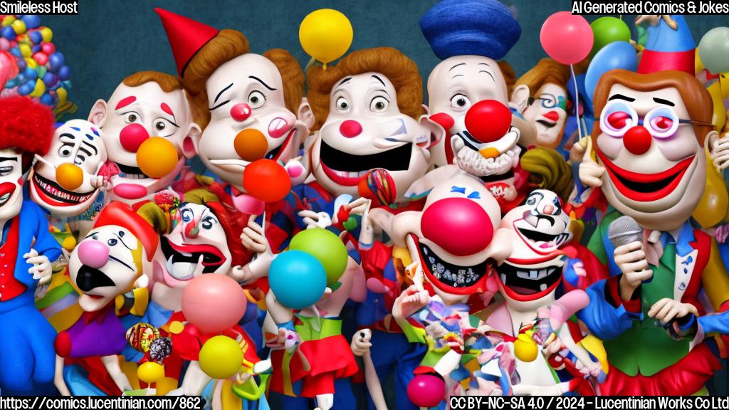 A smiling cartoon of a TV host looking sad and holding a microphone, with a surprised expression on his face, surrounded by sad clown faces in the background.