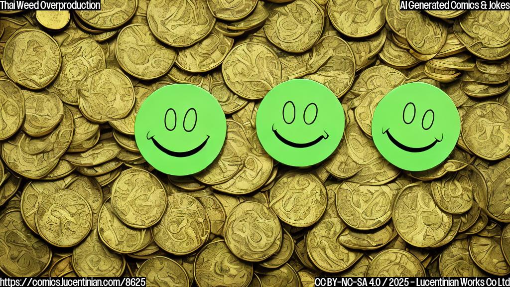 Cartoon style, plain light green background, showing a stylized cannabis leaf with a relaxed smiley face, sitting on a pile of golden coins.