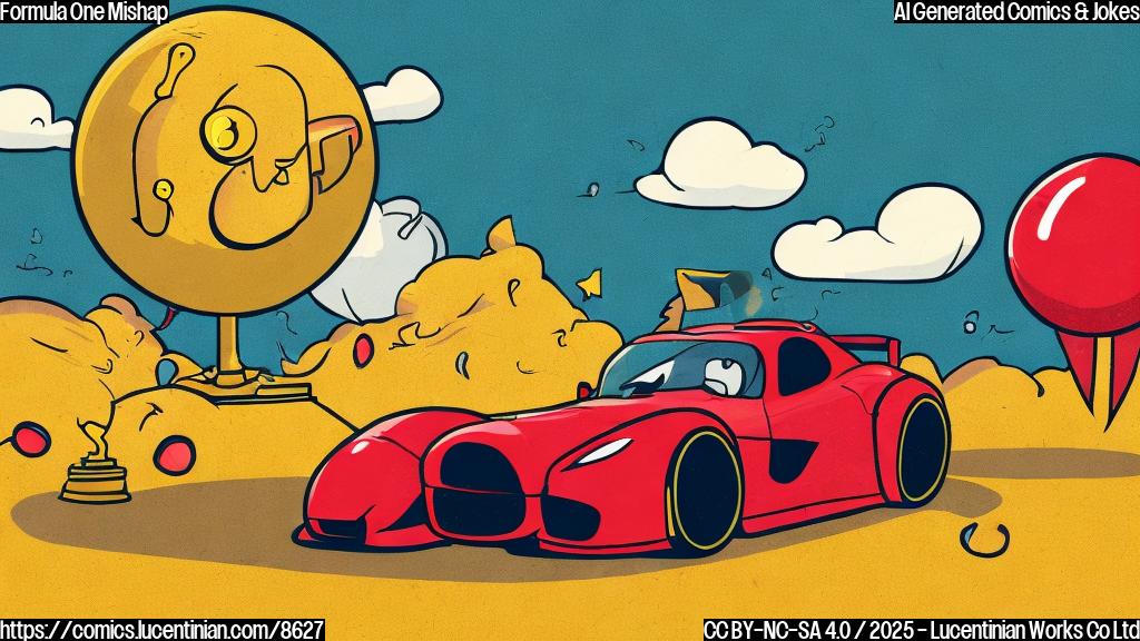 Cartoon style, plain yellow background, a stylized red Formula One race car with a sad face on the side of the road, a speech bubble saying "Out of Dreams!", and a thought bubble above it showing a trophy.