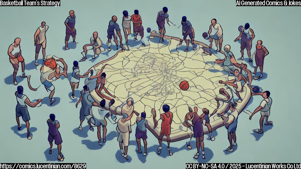 a plain color cartoon style picture. In the foreground, a group of five generically drawn basketball players (featureless faces, wearing generic jerseys) huddled around a large, unfolded map on the floor. One player is pointing at the map. The room is simple, maybe a gym or a meeting room. The style should be very basic and use few colors.