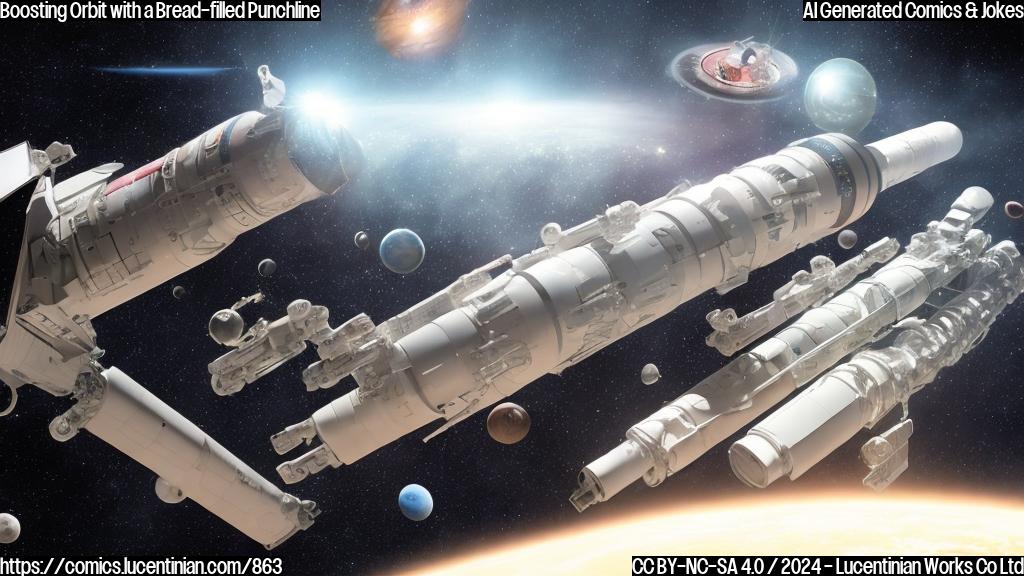 a spaceship carrying cargo with a large, cylindrical container in space, a spacecraft with multiple engines firing, and a person wearing a white spacesuit, surrounded by stars and planets