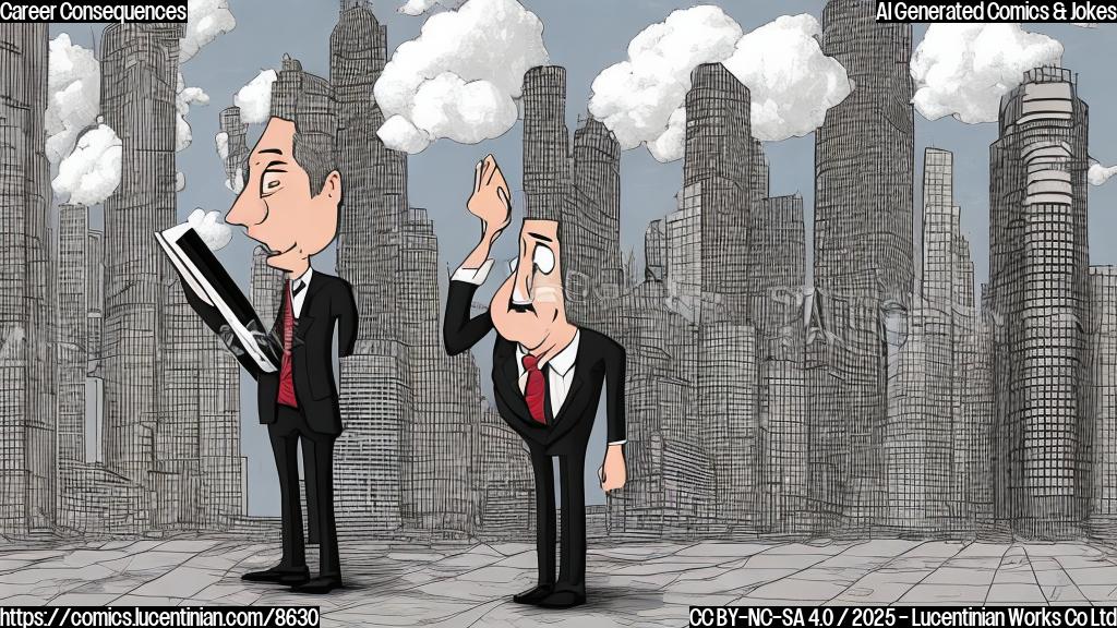 A sad looking cartoon banker in a suit, standing outside a skyscraper with a dark cloud over his head. Plain color background. Cartoon style.