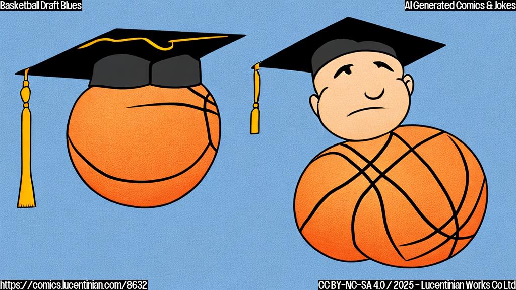 A sad looking basketball wearing a tiny graduation cap and gown, sitting alone on a basketball court. The background is plain blue. Cartoon style.
