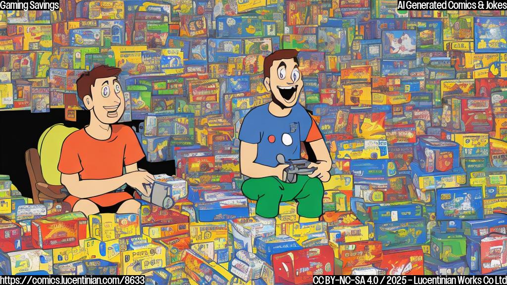 A plain color cartoon style picture of a person sitting in front of a mountain of game boxes, looking overwhelmed but happy, with a PlayStation controller in their hand.