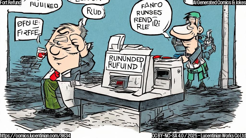 A plain color cartoon style picture of a video game character with a sad face, holding a sign that says "Refund Please!".